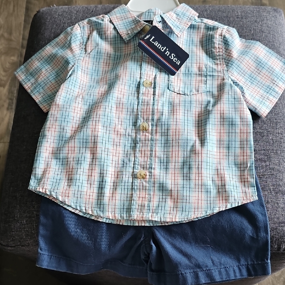 NWT Short Set Land'n'Sea Plaid Button Down Shirt Blue Shorts 24 Months Toddler
